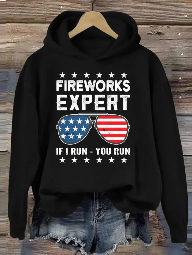 Fireworks & Sunglasses Print Hoodie, Casual Long Sleeve Hoodies Sweatshirt For Fall & Winter, Women's Clothing