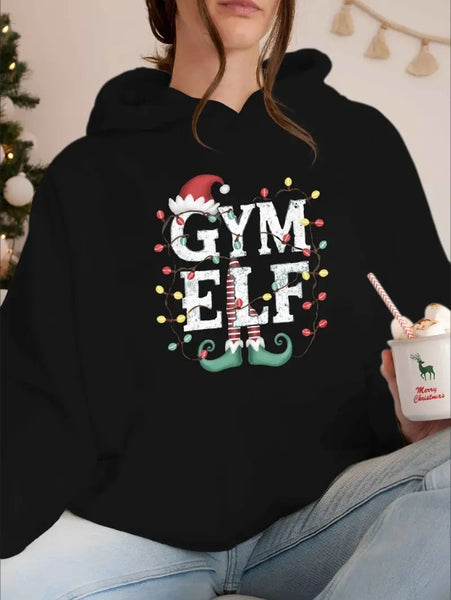 Christmas Gym Elf Graphic Hoodie For Women,  Casual Style With Pocket, Non-Stretch Fall Winter Hooded Sweatshirt