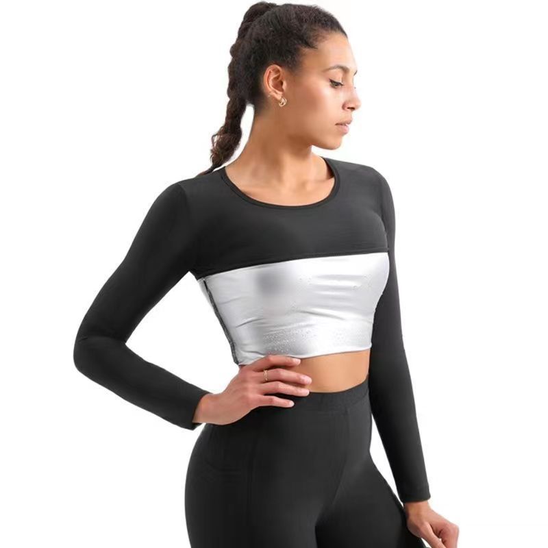 Shaper Sports Tunic Belly Tight Top Sweat Suit Silver Long Sleeve Fitness Wear