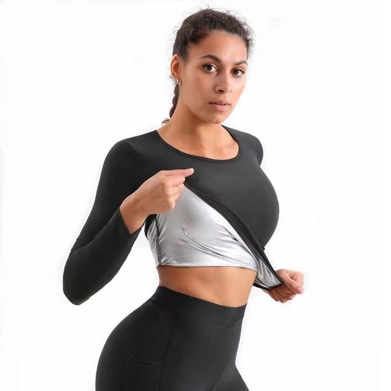 Shaper Sports Tunic Belly Tight Top Sweat Suit Silver Long Sleeve Fitness Wear