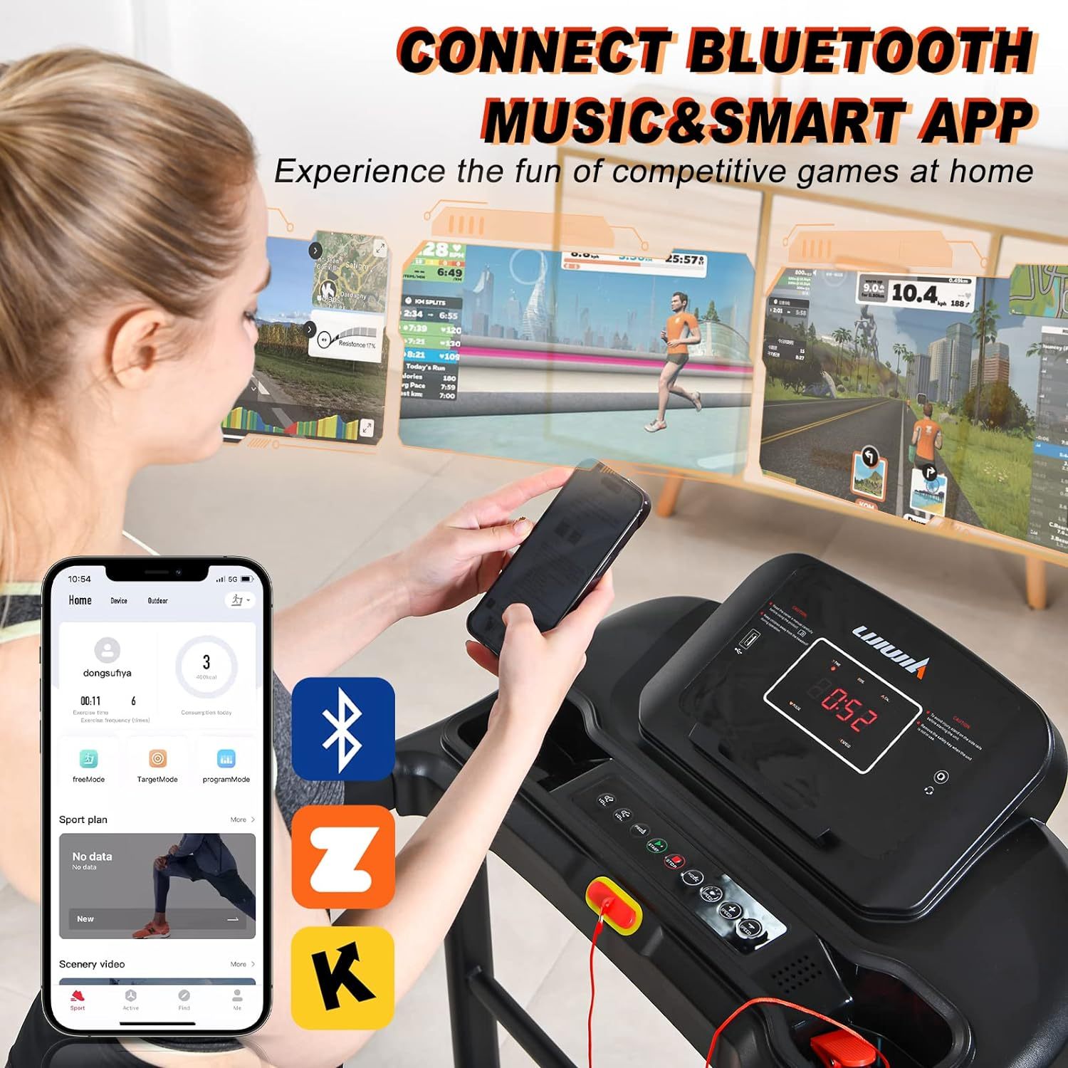 Premium Folding Incline Treadmill , One-Touch Speed Buttons, Shock Absorption, Optional Bluetooth with Exclusive Zwift App